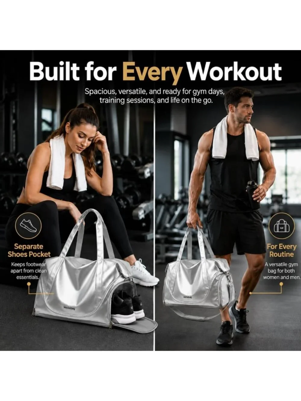 Expandable Travel Gym Duffel Bag with Shoe Compartment for Women & Men